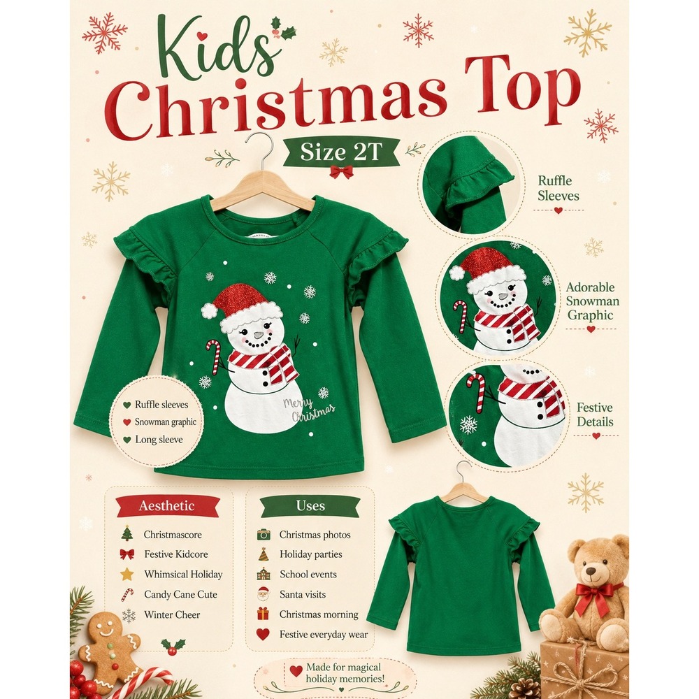Holiday Time Snowman Ruffle Long Sleeve Shirt Green Toddler Size 2T Excellent